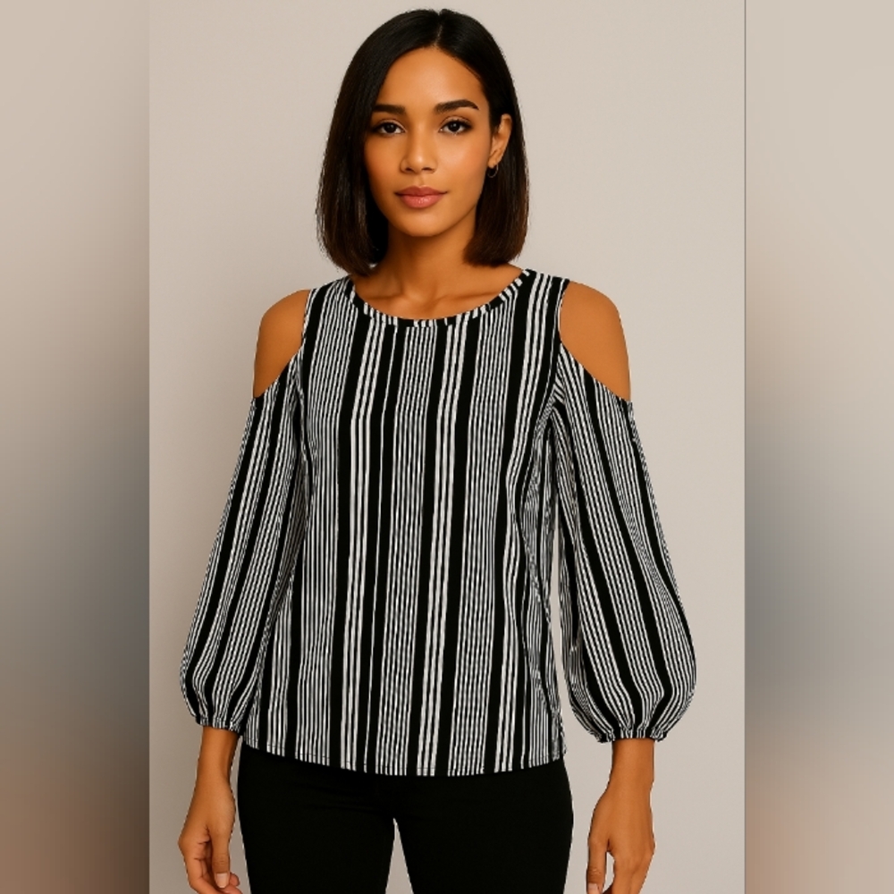 Bobeau Black and White Striped Cold Shoulder Blouse